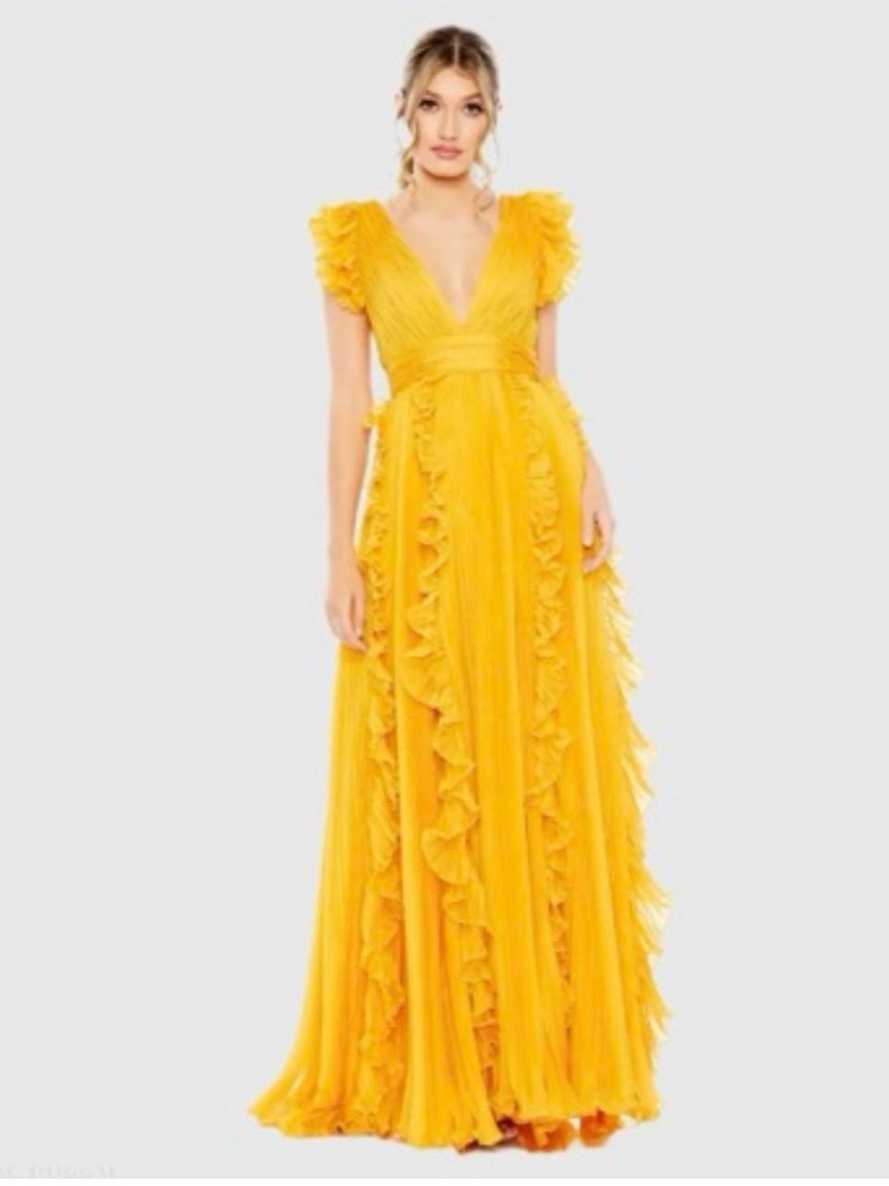 Mac Duggal Marigold Ruffle Chiffon Pleated Dress Sz 49539 NWT $598 8 10 12 14